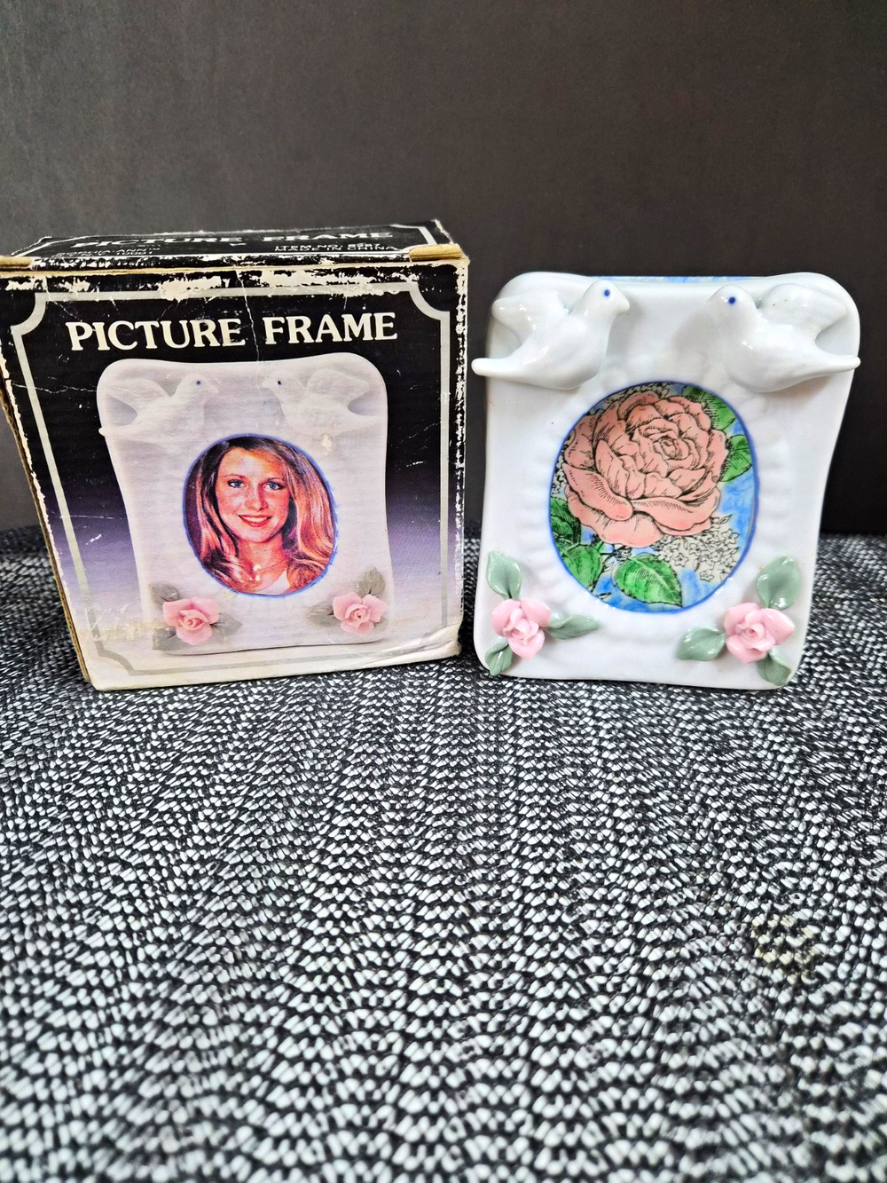 Sophia-Ann Ceramic Floral Dove Photo Frame 3x3 Portrait Freestanding White Pink